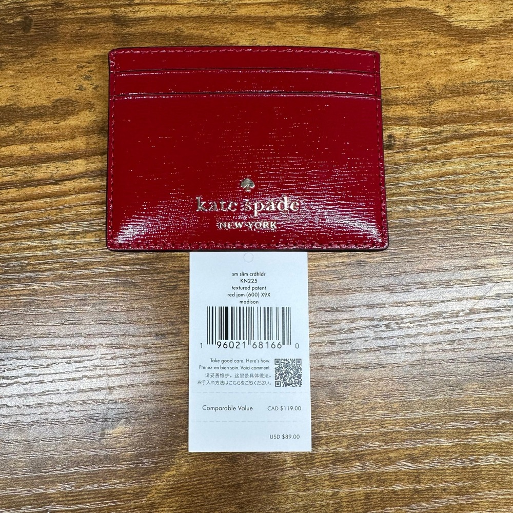 NEW Kate Spade Madison Small Slim Card Holder Red Jam Textured Patent KN225